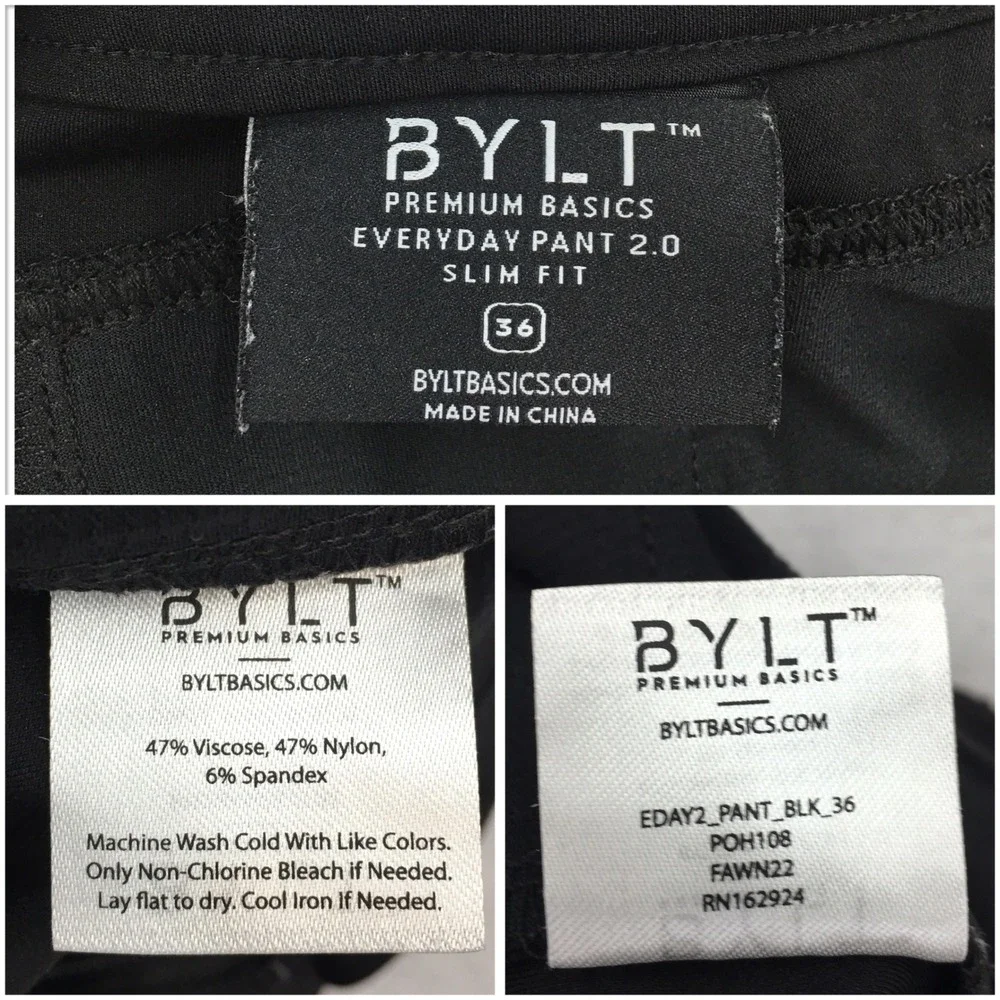 BYLT Premium Basics Everyday Pant 2.0 Slim Black Mens 36 Stretch Chino Trousers